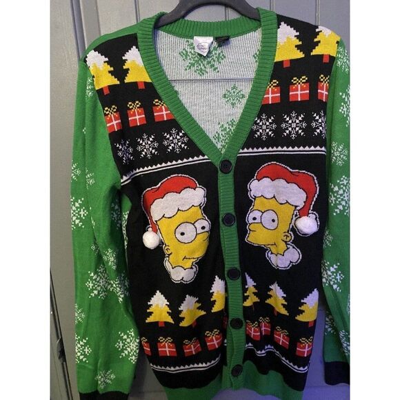 Bart Simpson Santa Ugly Christmas Sweater Men's Medium M Cardigan Green Red - Picture 7 of 10
